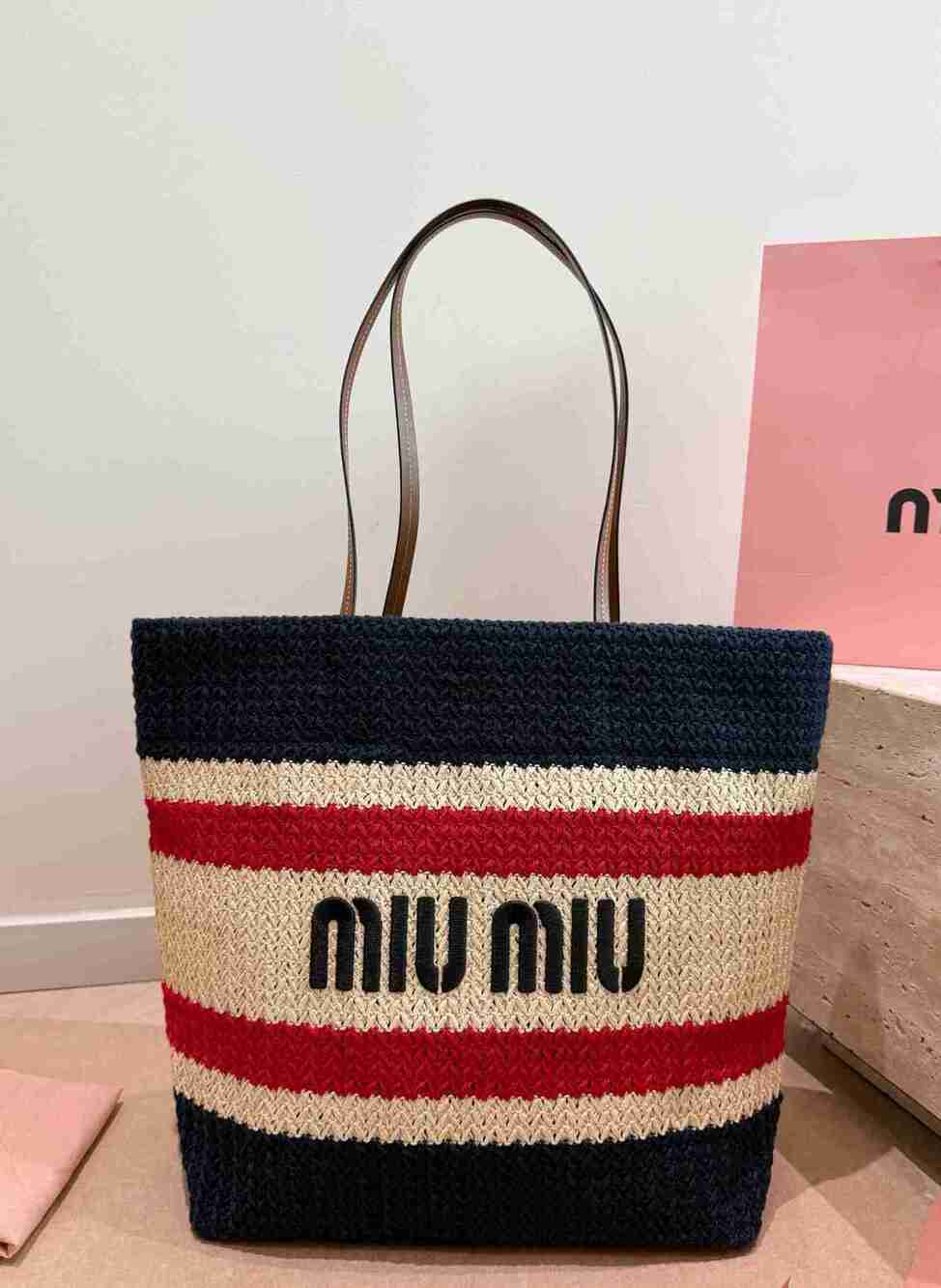 Miu Miu Red Navy Striped Woven Raffia Tote Bag Leather Shoulder Handles